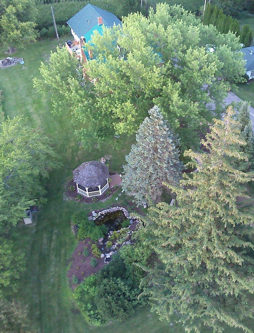 Aerial view of the mansion grounds with gazebo and pond